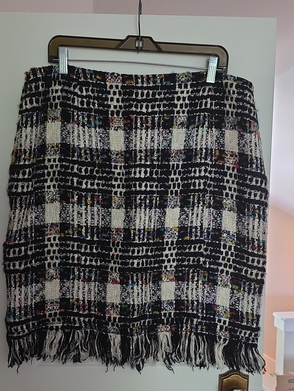 Carlisle Black & White Plaid Fringe Mini Skirt. 14. Lined. EUC.